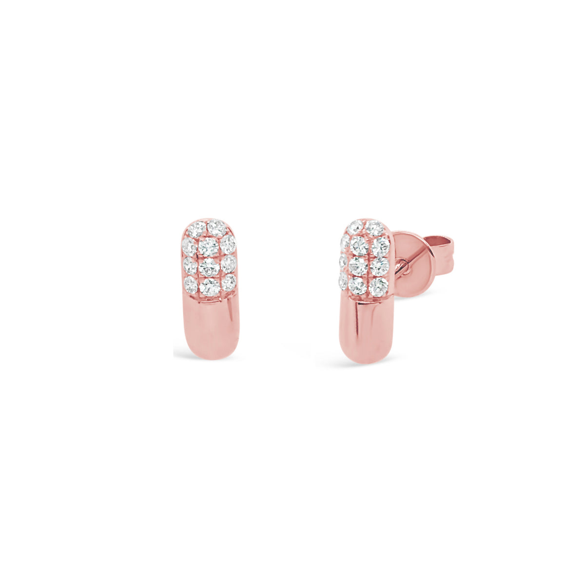 Diamond Pill Stud Earrings - 14k rose gold weighing 1.45 grams - 22 round prong set diamonds weighing .22 carats