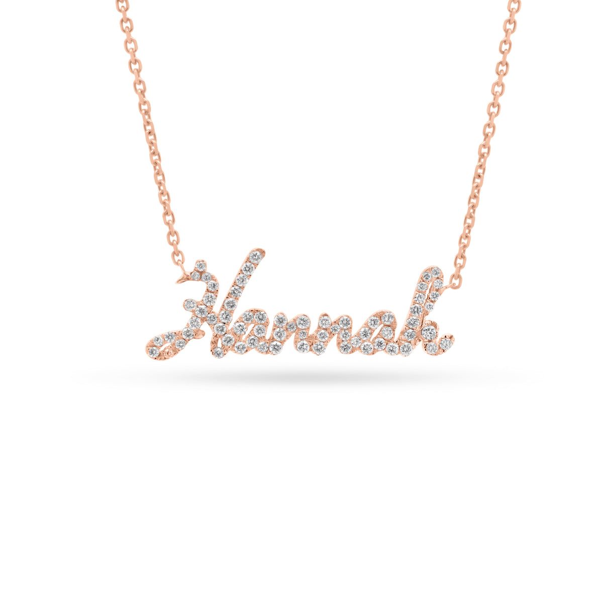 Diamond script nameplate necklace -14K gold weighing 2.30 grams -62 round diamonds totaling 0.23 carats
