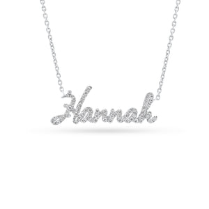 Diamond script nameplate necklace -14K gold weighing 2.30 grams -62 round diamonds totaling 0.23 carats