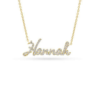Diamond script nameplate necklace -14K gold weighing 2.30 grams -62 round diamonds totaling 0.23 carats