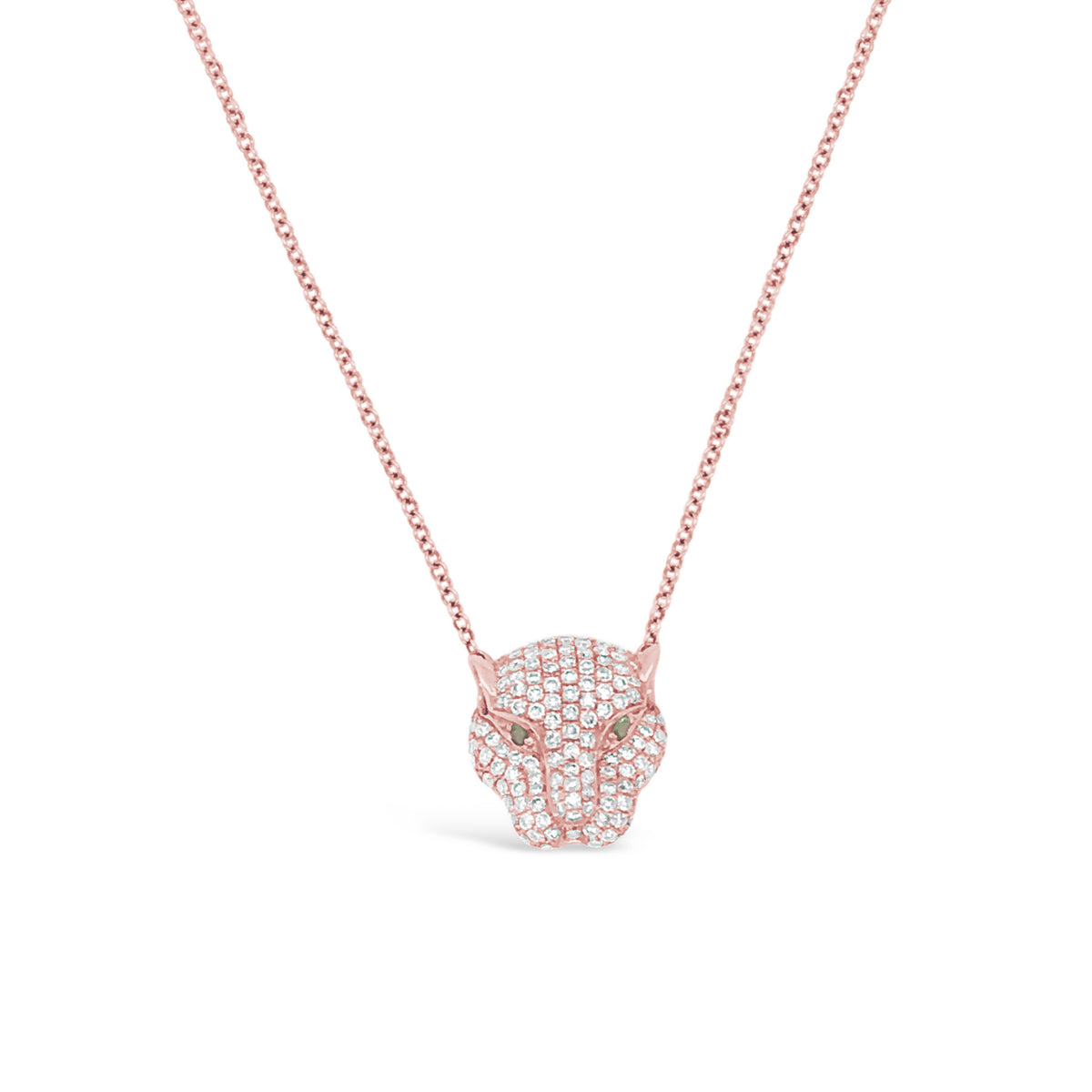 Diamond & Emerald Tiger Pendant Necklace -14K rose gold weighing 2.72 grams -138 round pave set diamonds weighing 0.58 carats -2 emeralds weighing .02 ca