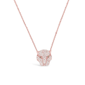 Diamond & Emerald Tiger Pendant Necklace -14K rose gold weighing 2.72 grams -138 round pave set diamonds weighing 0.58 carats -2 emeralds weighing .02 ca