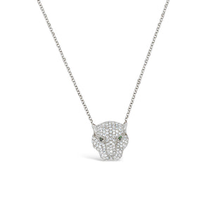 Diamond & Emerald Tiger Pendant Necklace -14K white gold weighing 2.72 grams -138 round pave set diamonds weighing 0.58 carats -2 emeralds weighing .02 ca