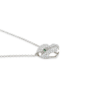 Diamond & Emerald Tiger Pendant Necklace -14K white gold weighing 2.72 grams -138 round pave set diamonds weighing 0.58 carats -2 emeralds weighing .02 ca