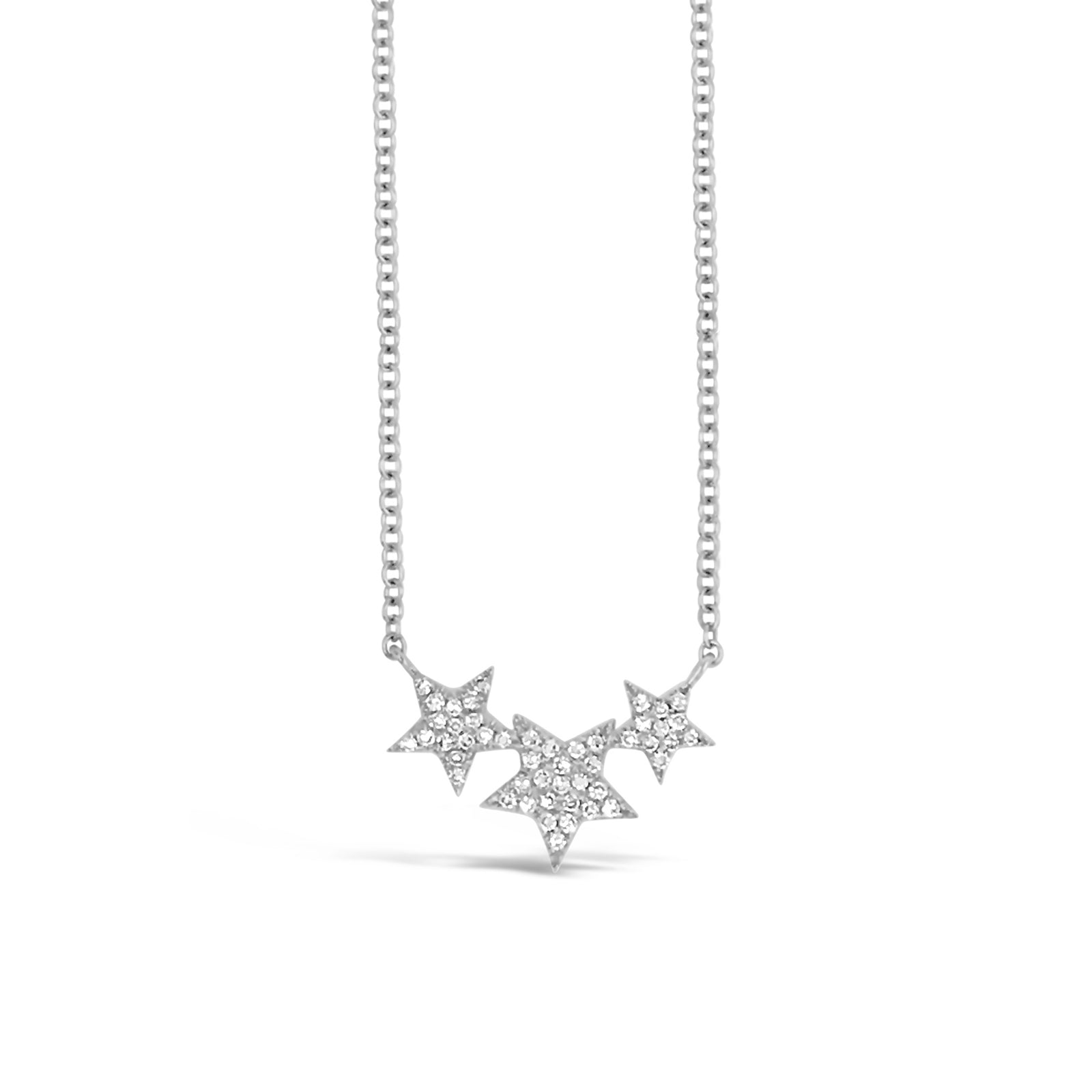 Diamond Triple-Star Necklace  -14k gold weighing 1.69 grams  -48 round pave-set diamonds totaling 0.10 carats