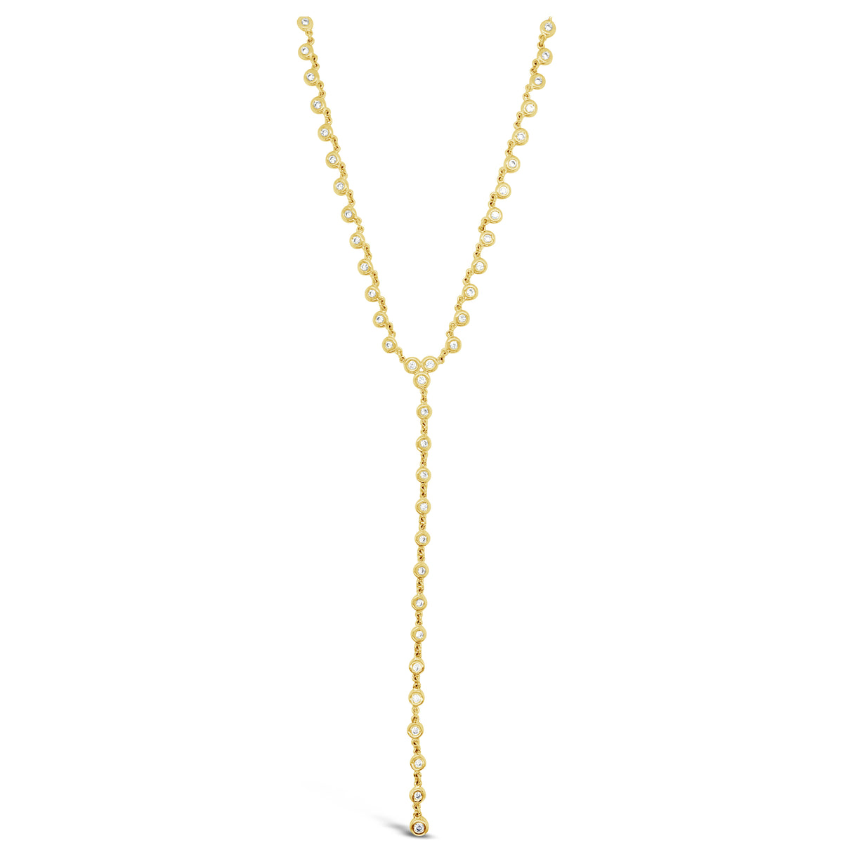Bezel-Set Diamond Lariat Necklace  -14K gold weighing 5.69 grams  -43 round bezel-set diamonds weighing 0.52 carats