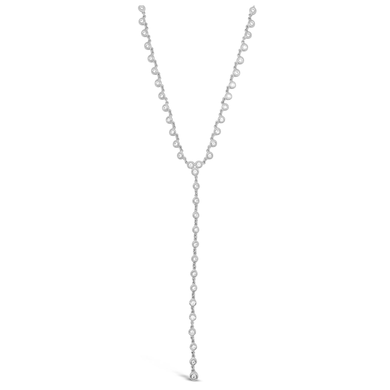 Bezel-Set Diamond Lariat Necklace  -14K gold weighing 5.69 grams  -43 round bezel-set diamonds weighing 0.52 carats