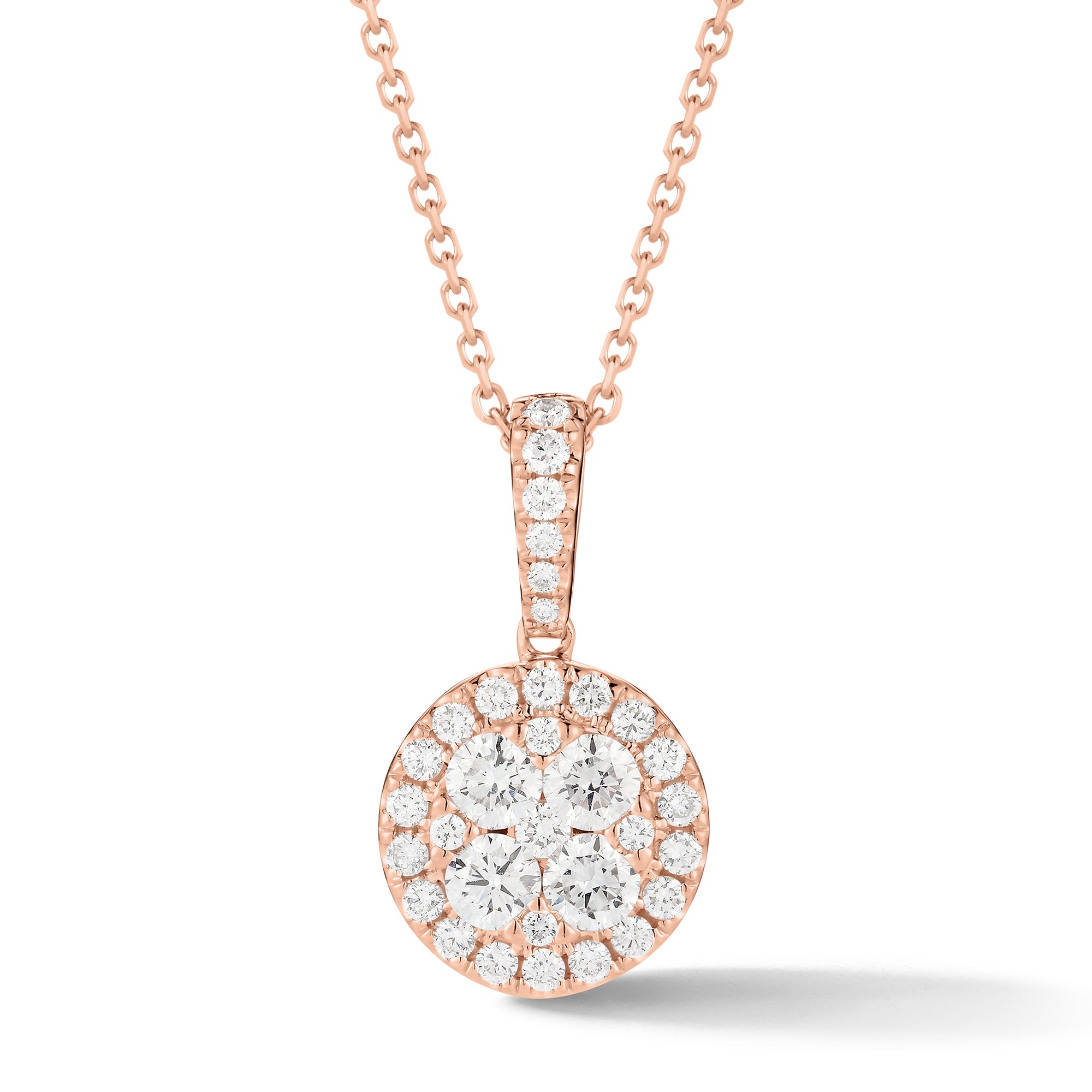 Diamond Halo Cluster Pendant Necklace  -18K gold weighing 3.70 grams  -33 round prong-set diamonds totaling 0.81 carats