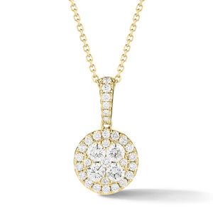 Diamond Halo Cluster Pendant Necklace  -18K gold weighing 3.70 grams  -33 round prong-set diamonds totaling 0.81 carats