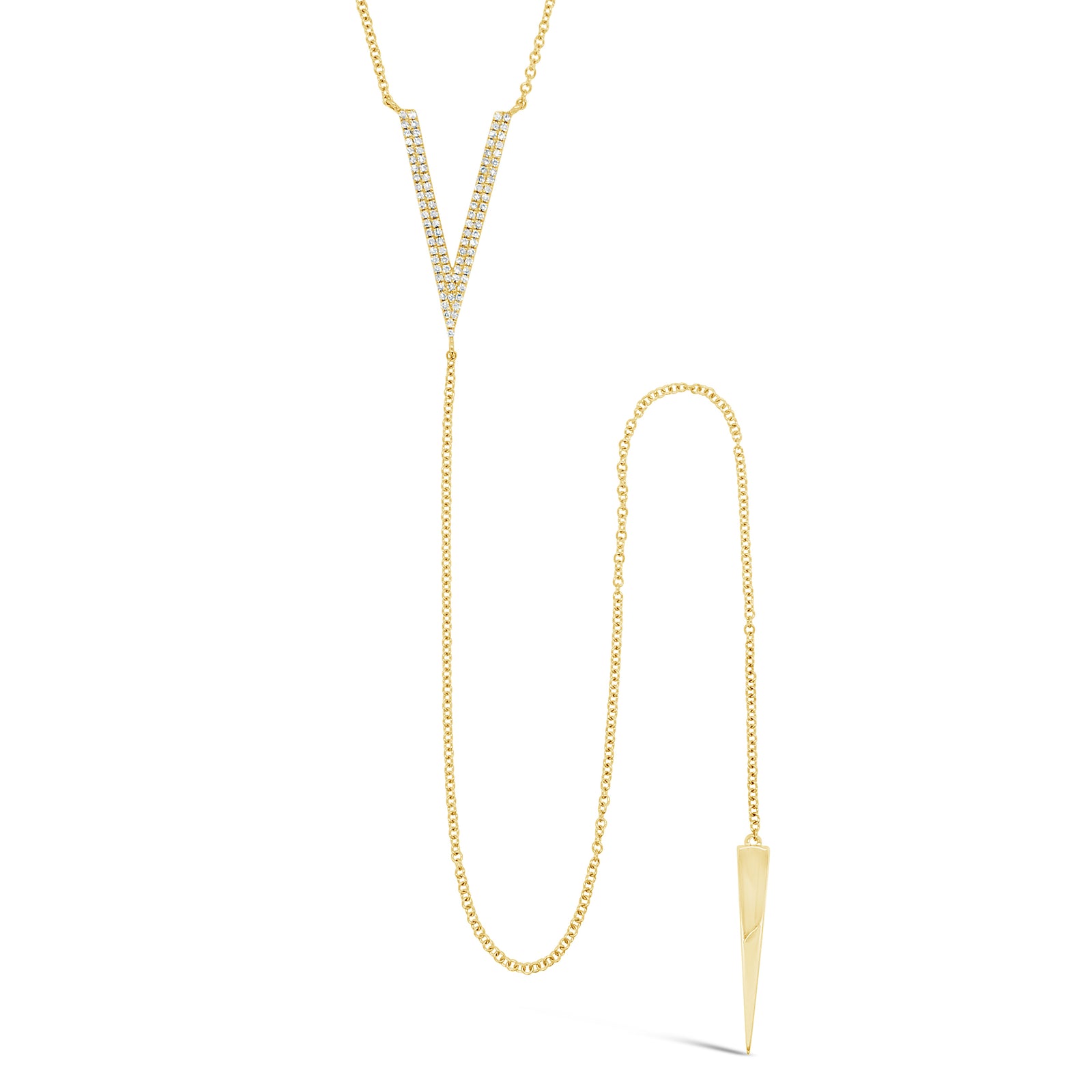 Diamond 'V' Lariat Necklace  -14k gold weighing 3.18 grams  -88 round pave-set diamonds totaling 0.20 carats 