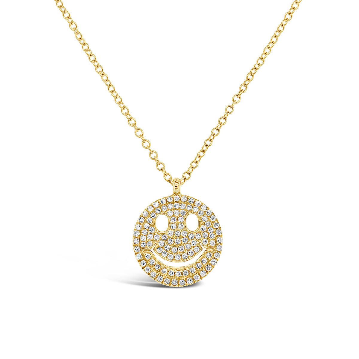 Solid 14K yellow gold weighing 2.40 grams with 101 round prong-set diamonds weighing .24 carats Smiley Face Necklace | Nuha Jewelers