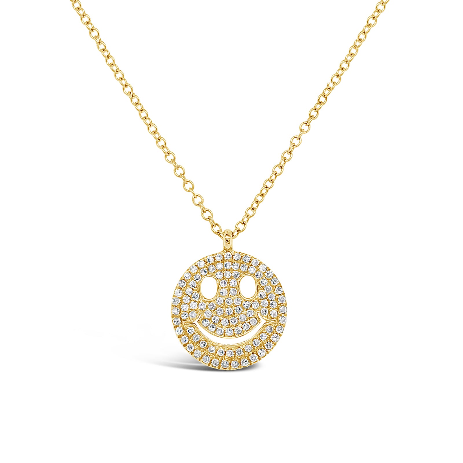 Solid 14K yellow gold weighing 2.40 grams with 101 round prong-set diamonds weighing .24 carats Smiley Face Necklace | Nuha Jewelers