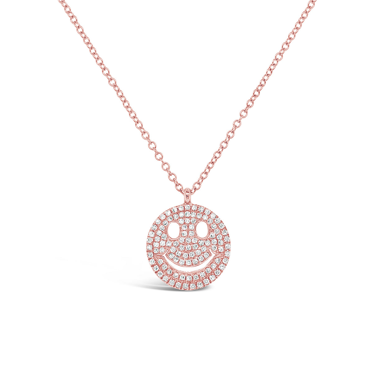 Solid 14K rose gold weighing 2.40 grams with 101 round prong-set diamonds weighing .24 carats Smiley Face Necklace | Nuha Jewelers