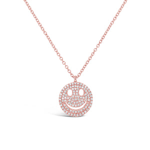 Solid 14K rose gold weighing 2.40 grams with 101 round prong-set diamonds weighing .24 carats Smiley Face Necklace | Nuha Jewelers