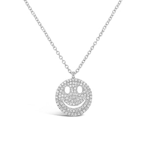 Solid 14K white gold weighing 2.40 grams with 101 round prong-set diamonds weighing .24 carats Smiley Face Necklace | Nuha Jewelers