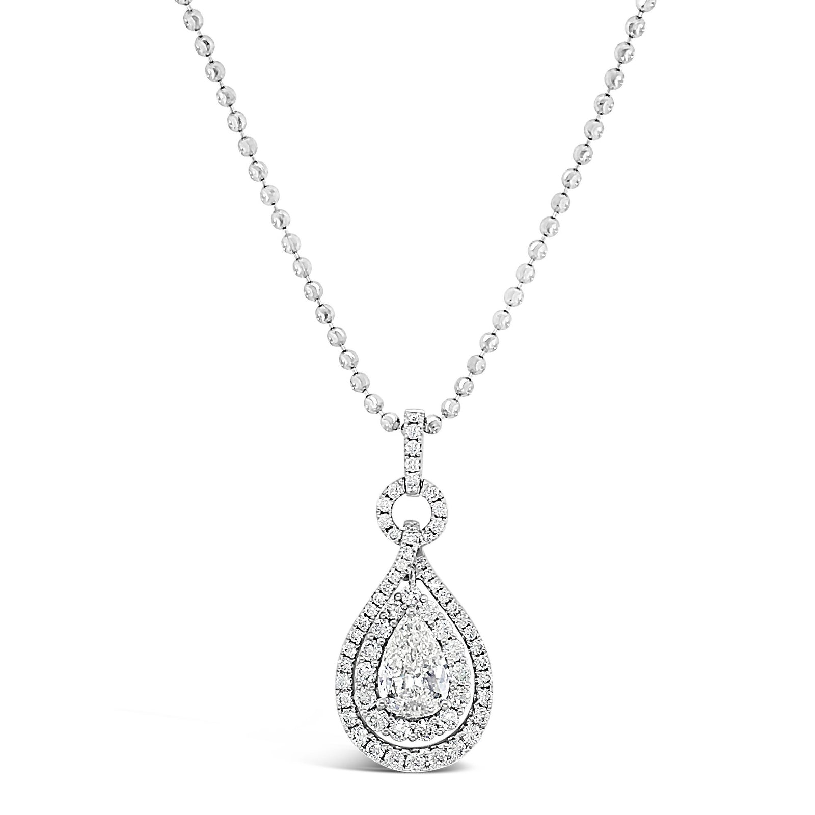 Pear-Shaped Diamond Pendant Necklace  -18K gold weighing 3.29 grams  -64 round diamonds totaling 1.01 carats  -1.10 carat pear-shaped diamond (GIA-graded K-color, VS2 clarity)