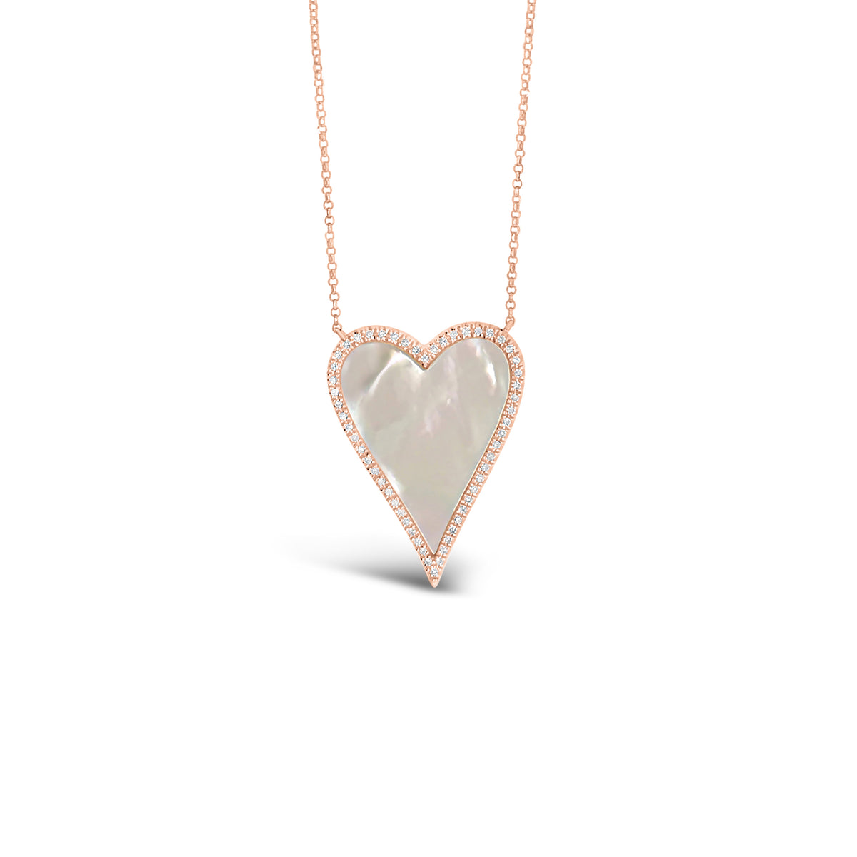 Mother of Pearl & Diamond Heart Necklace  -14k gold weighing 2.99 grams  -56 round diamonds weighing .14 carats  -Mother of Pearl