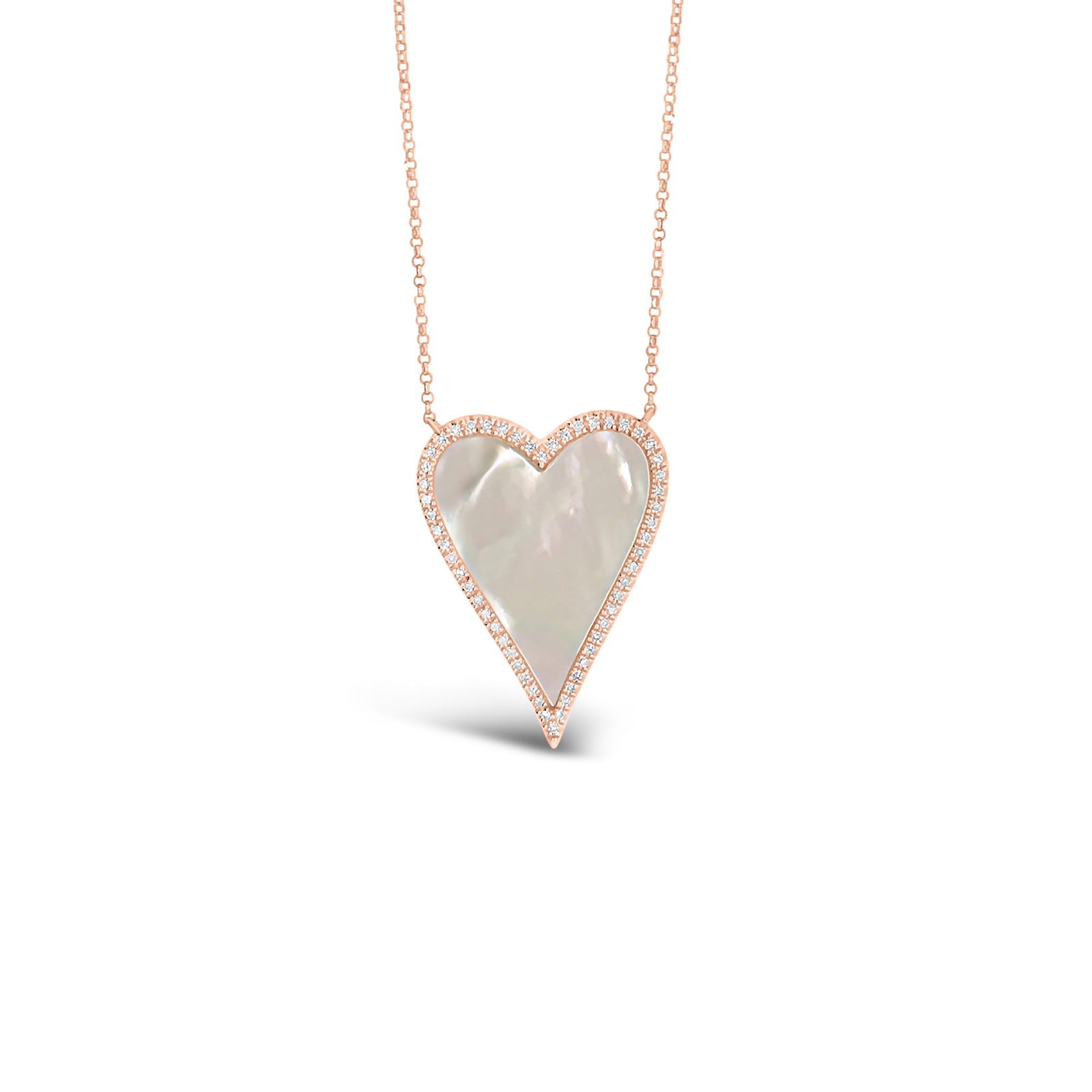 Mother of Pearl & Diamond Heart Necklace  -14k gold weighing 2.99 grams  -56 round diamonds weighing .14 carats  -Mother of Pearl