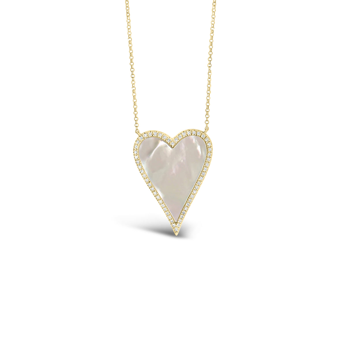 Mother of Pearl & Diamond Heart Necklace  -14k gold weighing 2.99 grams  -56 round diamonds weighing .14 carats  -Mother of Pearl