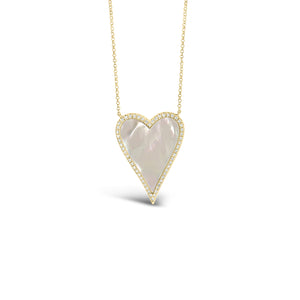 Mother of Pearl & Diamond Heart Necklace  -14k gold weighing 2.99 grams  -56 round diamonds weighing .14 carats  -Mother of Pearl