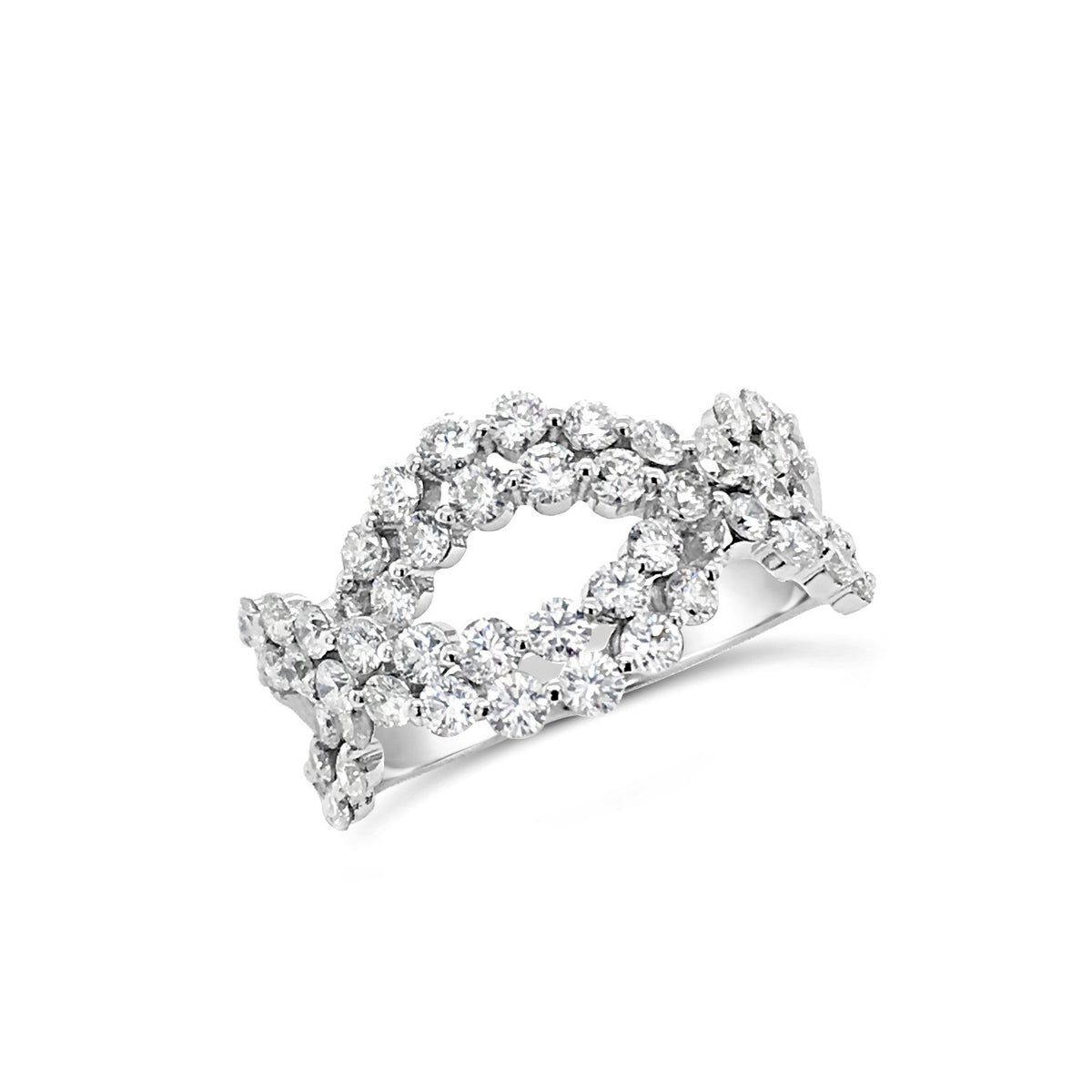 Diamond Twist Fashion Ring  -18k gold weighing 4.3 grams  -58 round diamonds weighing 1.42 carats