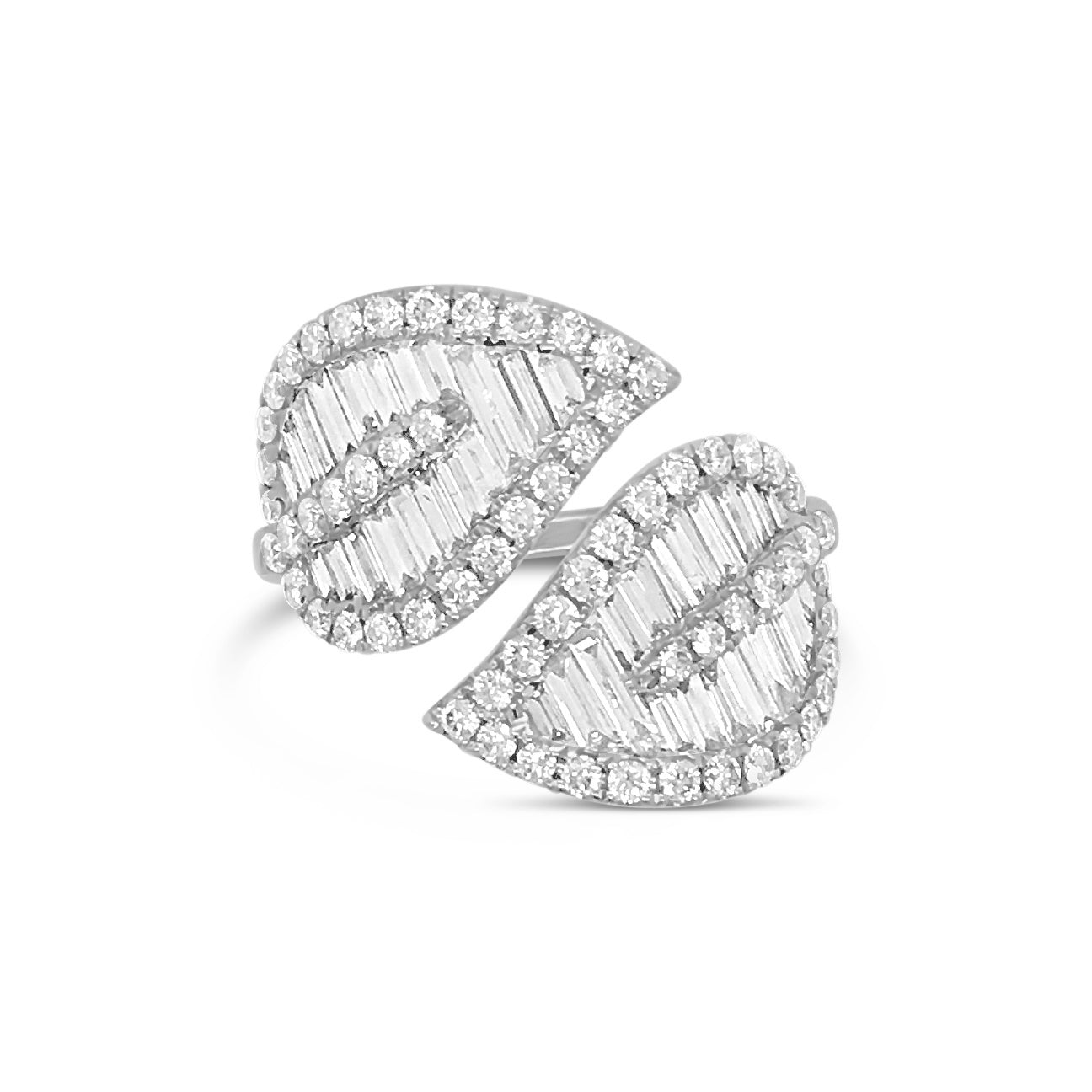 Diamond Bypass Leaf Ring  -14k gold weighing 5.21 grams  -64 round diamonds weighing .85 carats  -40 straight baguettes weighing .88 carats 