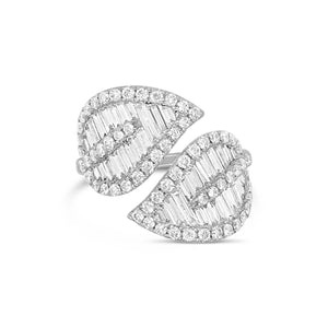 Diamond Bypass Leaf Ring  -14k gold weighing 5.21 grams  -64 round diamonds weighing .85 carats  -40 straight baguettes weighing .88 carats 