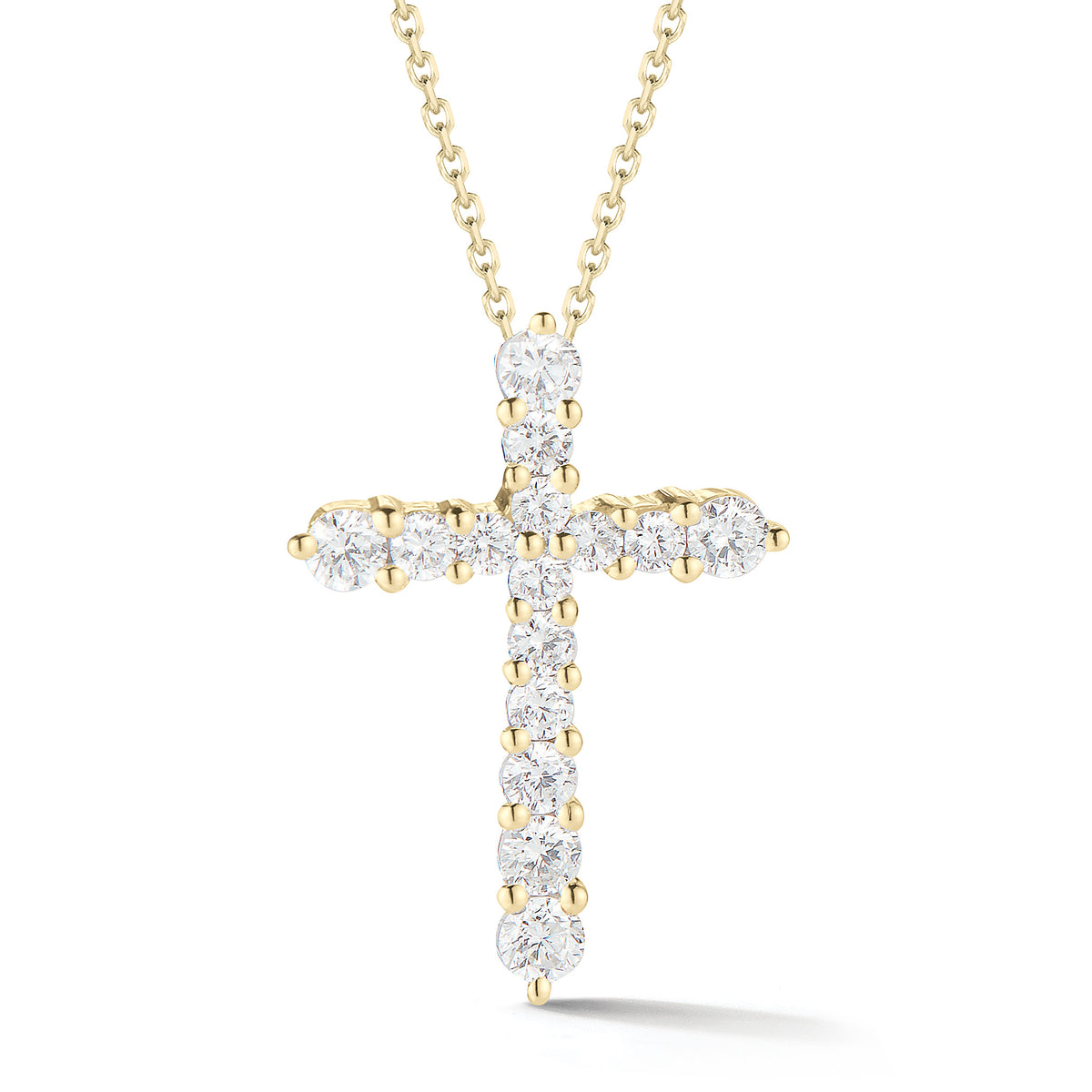 Diamond Classic Cross Pendant Necklace  -14K gold weighing 2.40 grams  -15 round prong-set brilliant diamonds totaling 0.44 carats
